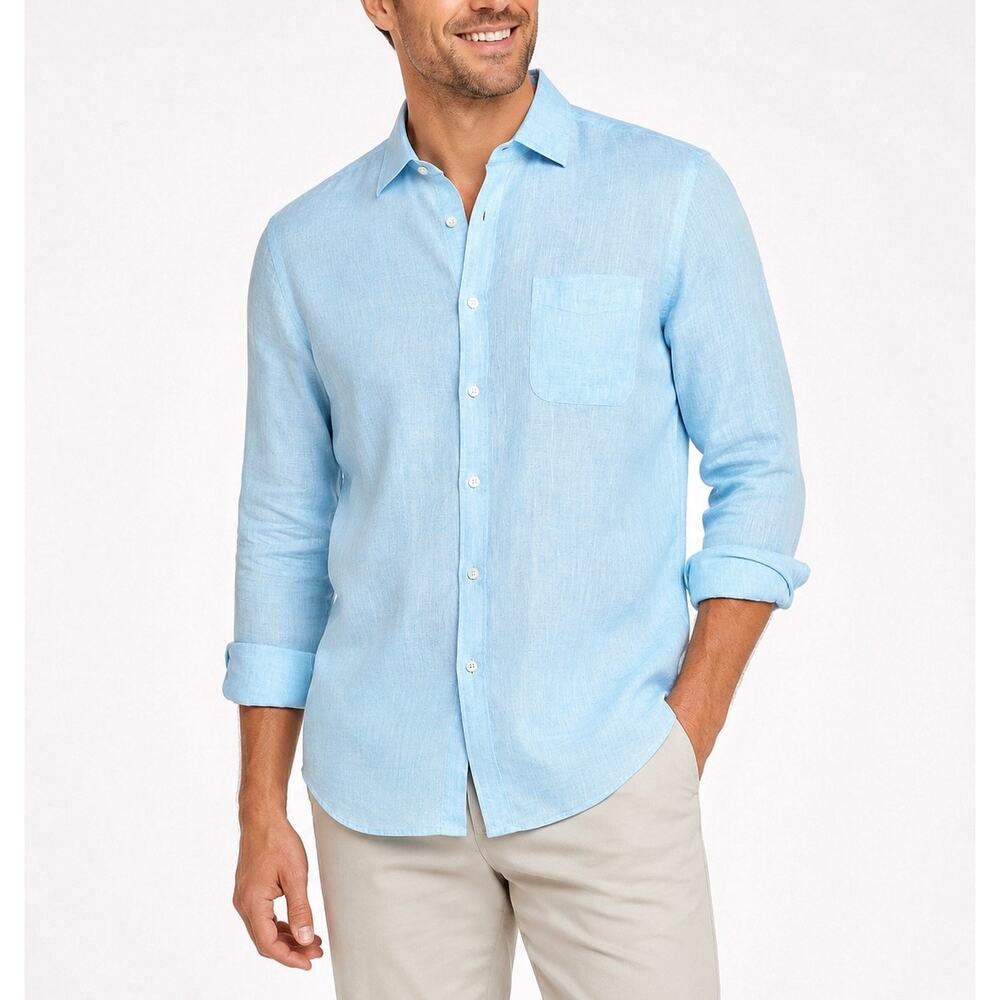 J. McLaughlin 100% Linen Button Front Shirt Light Blue Long Sleeve Men’s Size XL